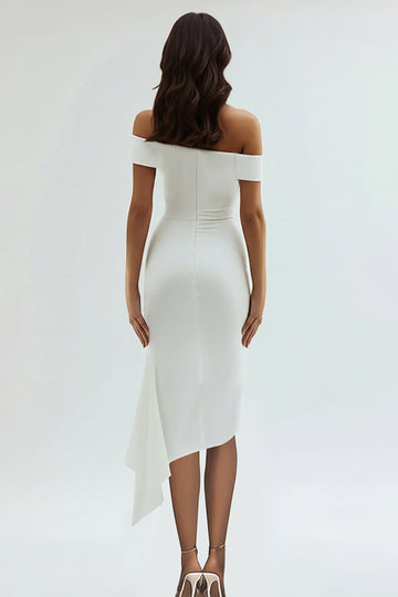 Épaule dénudée fourreau satin thé longueur blanche robe de graduation